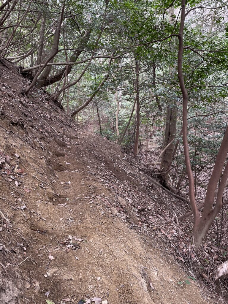 足を掛けて支えられるように山側に穴が掘ってある
