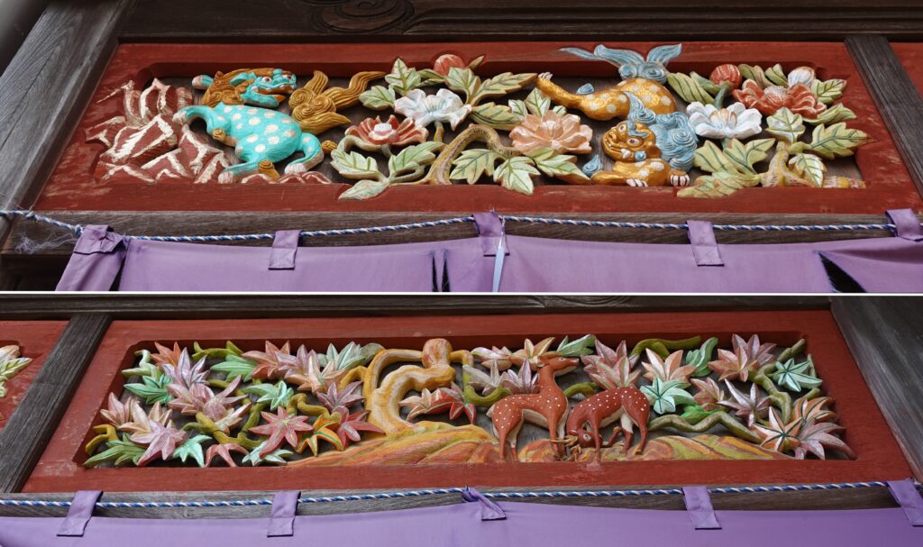 地蔵寺大師堂の装飾の拡大。カラフルな神獣たちがかわいい。