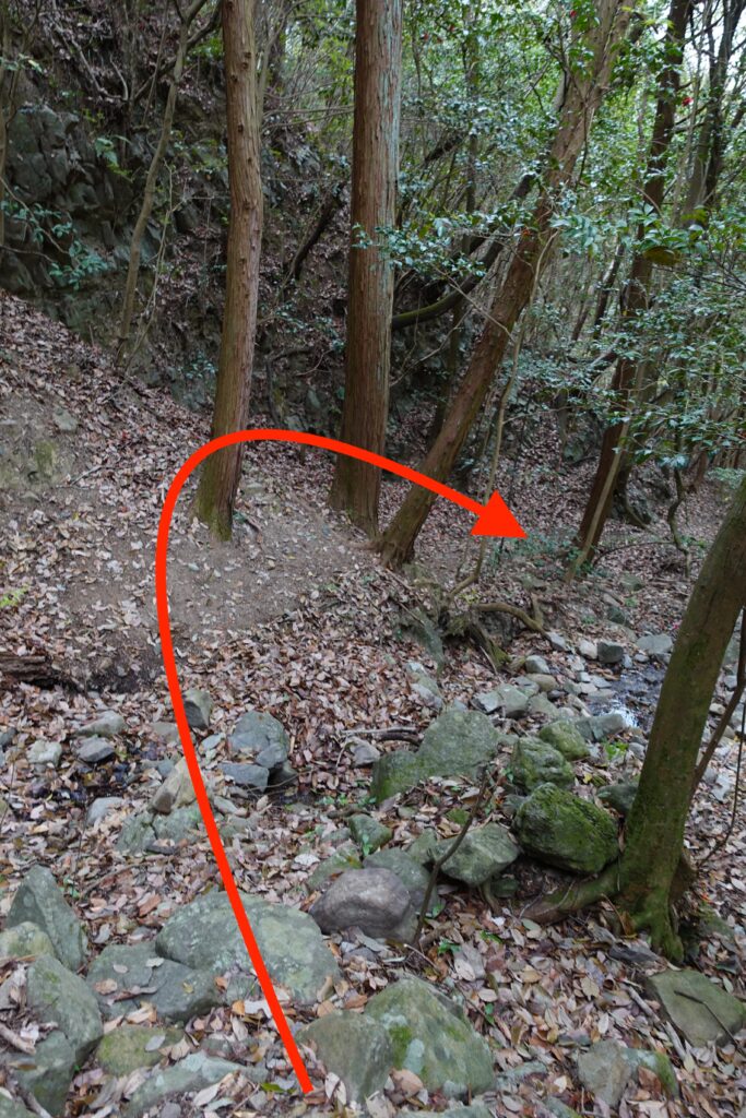 向かいの歩き道へ沢を渡る