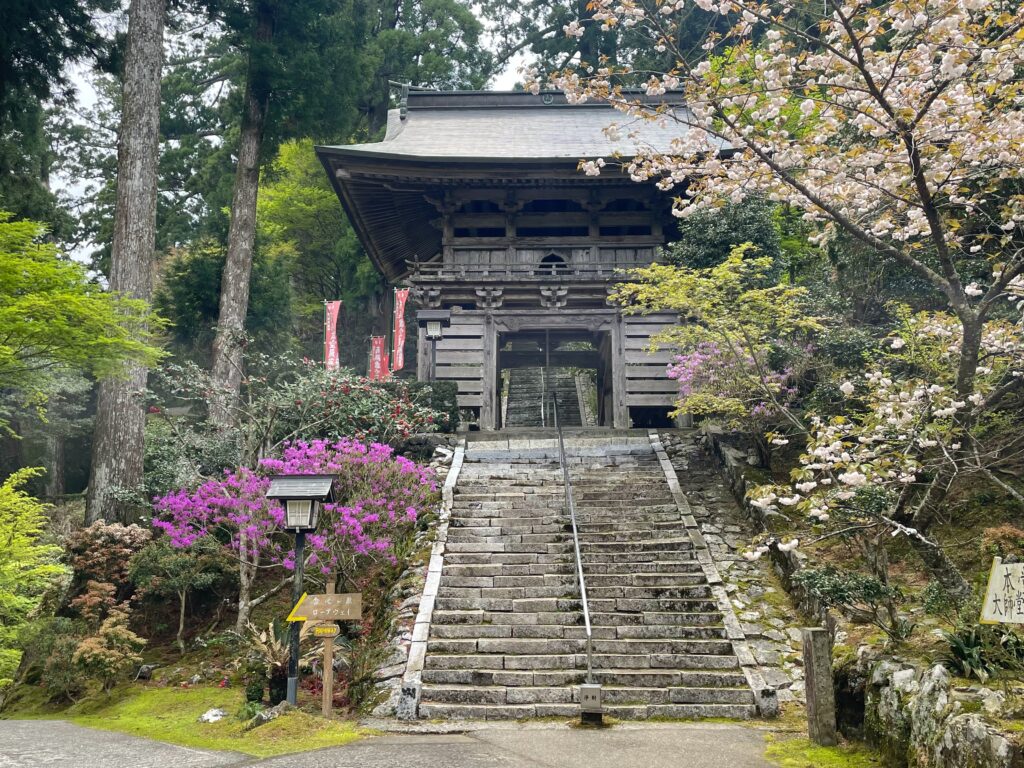花に囲まれた鐘楼門